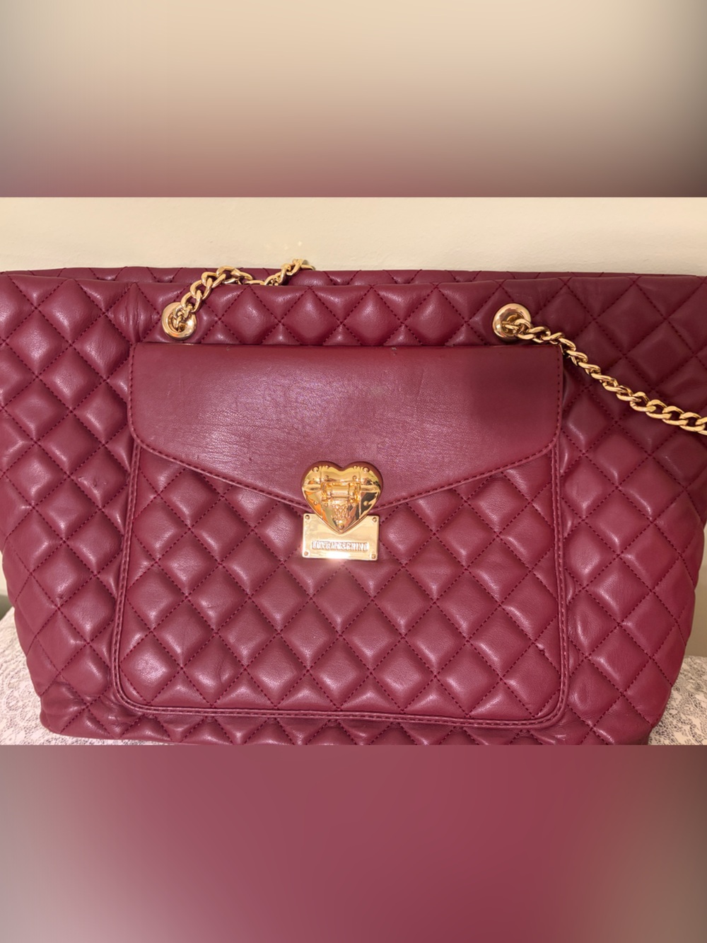 Love Moschino Quilted Burgundy Shoulder Bag with Gold Heart Lock